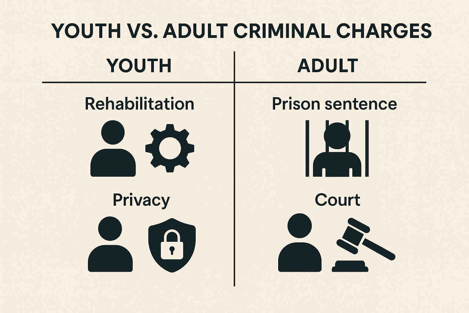 Minimalist infographic compares youth and adult criminal charges, featuring labeled columns with icons and vector illustrations for rehabilitation, privacy, and court process. Visual highlights legal differences between young and adult defendants, designed for educational accessibility.