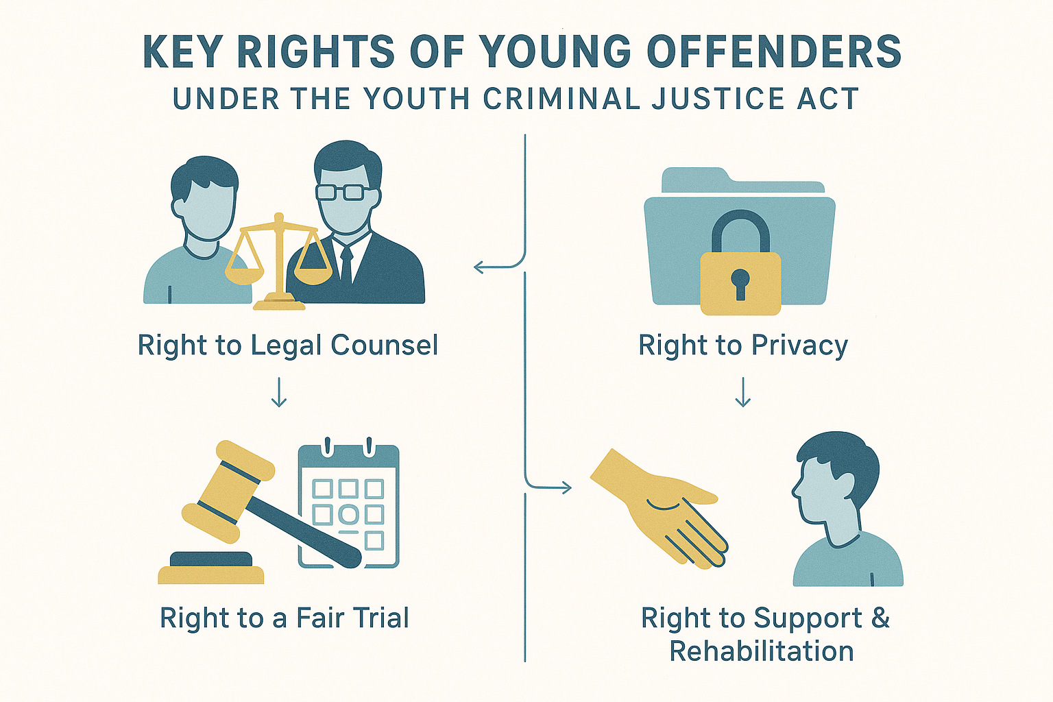 Minimalist infographic showing four rights of young offenders under the Youth Criminal Justice Act: legal counsel, privacy, fair trial, support and rehabilitation, each with a clear icon, soft blue and yellow hues, crisp section labels, and a clean white background.