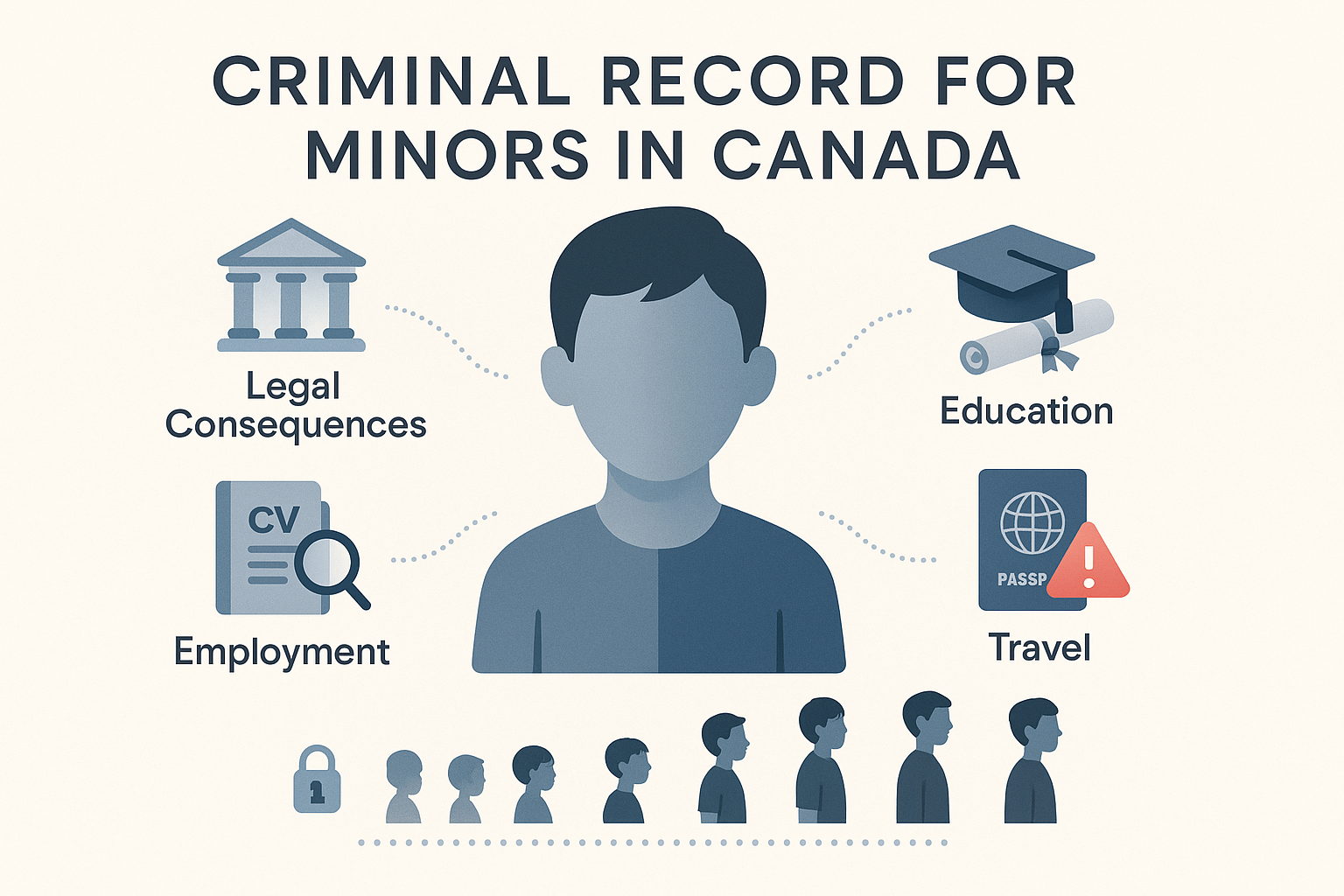 Educational infographic illustrating what a criminal record means for minors in Canada, showing legal, school, travel, and employment impacts around a young person, plus a timeline demonstrating possible record sealing as they grow older. Modern, accessible design with clear iconography and labels.