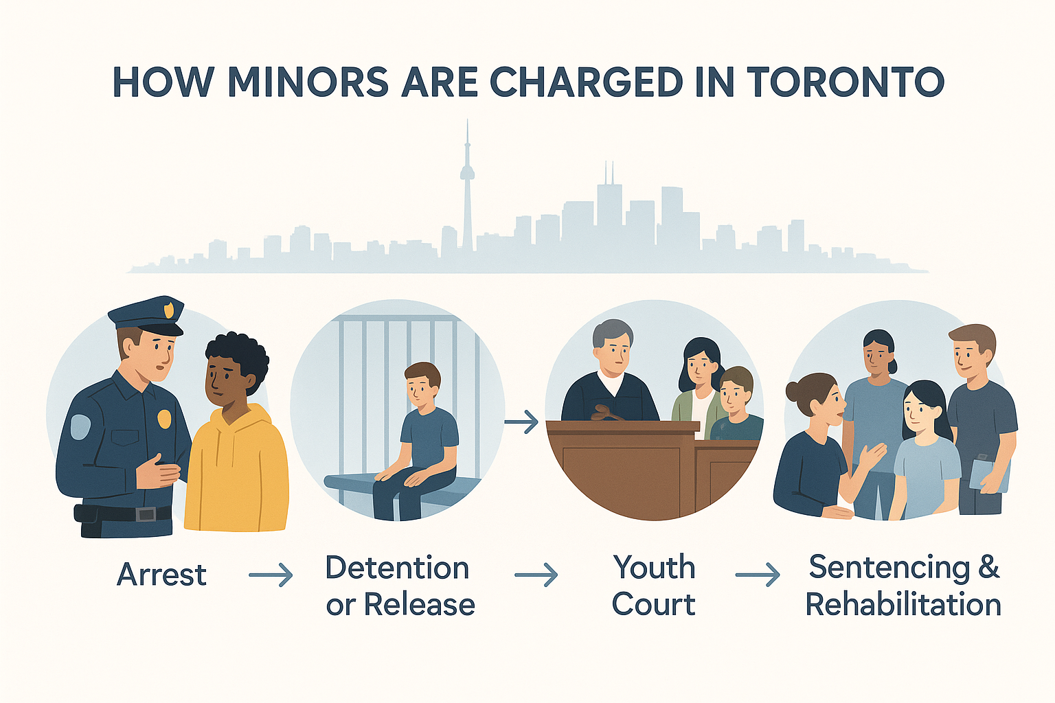 Educational infographic poster showing Toronto’s legal process for minors: police interaction, youth detention, court hearing, and rehabilitation. Uses flat vector art, clear step-by-step flowchart, soft blue tones, supportive family, and Toronto skyline, designed for classroom or community awareness.