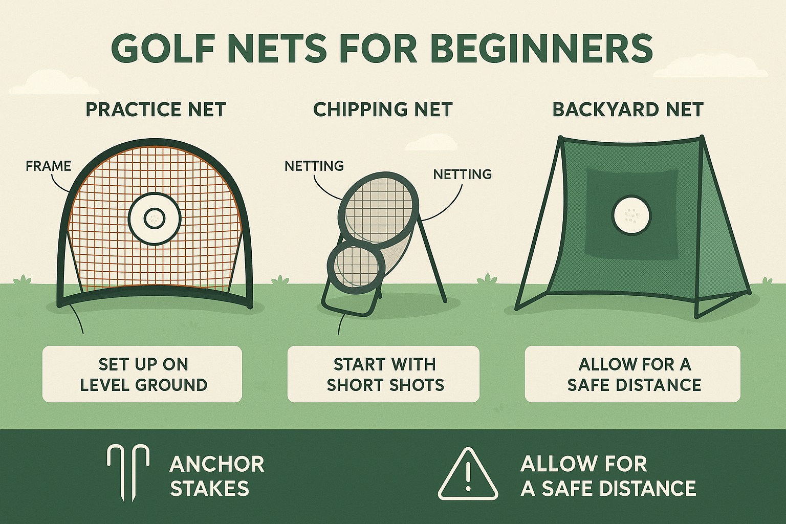 Infographic with flat vector images of practice, chipping, and backyard golf nets. Parts like frame, netting, anchor stakes, and safe distance icons are labeled. Includes tips on safe setup and use, designed especially for beginner golfers learning about net types.