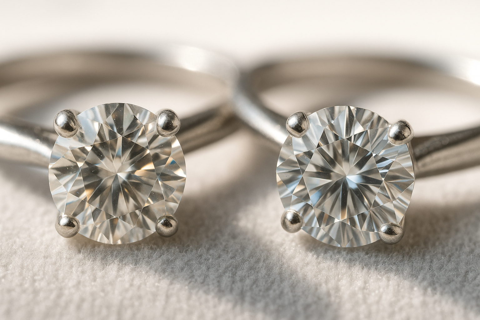 Macro close-up of two platinum engagement rings side by side on light gray velvet; left features a natural diamond with tiny feather inclusions, right shows a lab-grown diamond with subtle metallic flux patterns. Both display brilliant fire and scintillation under soft daylight.