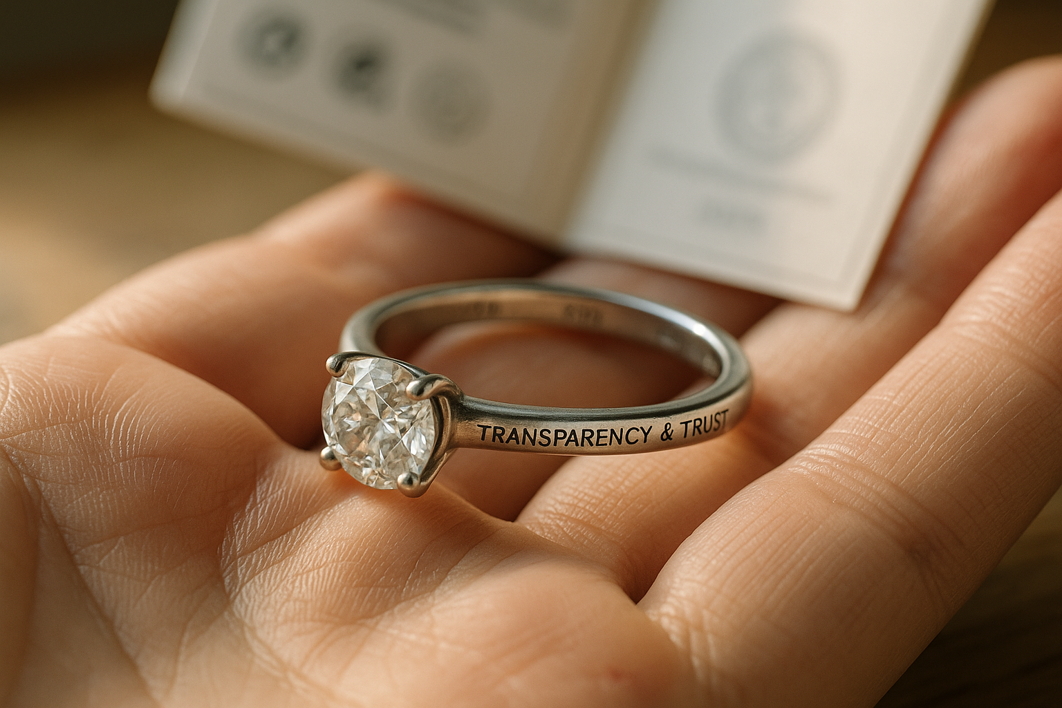 Macro photo of a unique engagement ring with an ethical diamond and 'Transparency & Trust' engraving, resting on a hand with visible scar and pores, eco-certification booklet blurred in background, highlighting authenticity and sustainable craftsmanship.