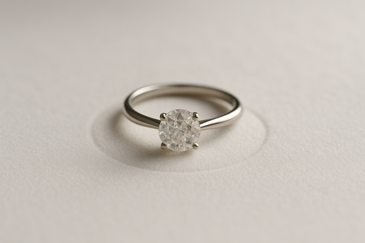 Minimalist photo of a solitary diamond ring on white velvet, centered within an indented circle. The image emphasizes authentic details, subtle imperfections, and elegant lighting, symbolizing timeless love, devotion, and commitment against a softly textured, unfocused background.